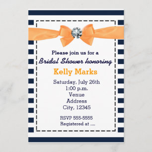 Nautical stripes navy orange bow bridal shower invitation