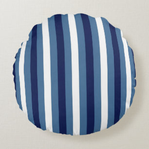 Nautical Stripes Navy Smokey Blue Crisp White Round Cushion