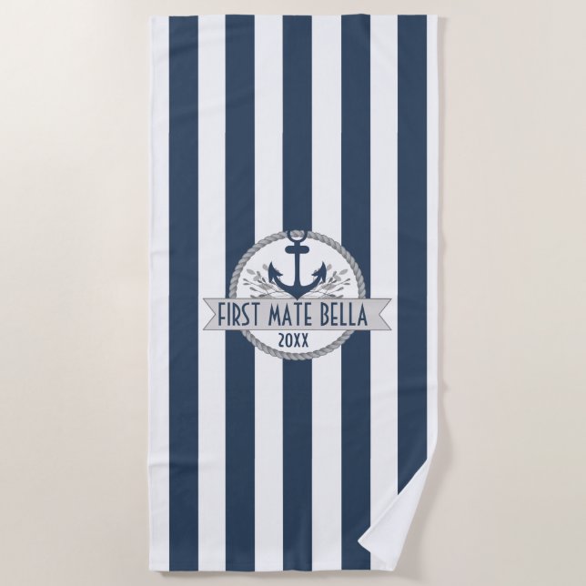 Nautical Stripes | Personalised Anchor & Rope Logo Beach Towel (Front)