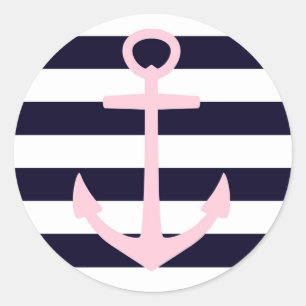 Nautical stripes & pink anchor classic round sticker