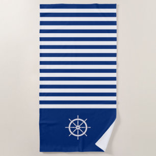 Nautical Stripes+Ships Wheel Blue+White Beach Towel