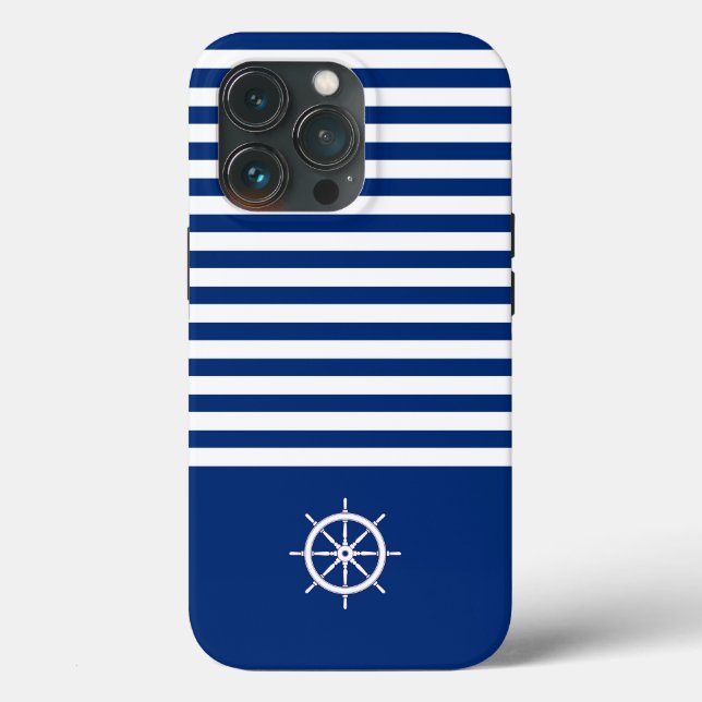Nautical Stripes+Ships Wheel Blue+White Case-Mate iPhone Case (Back)