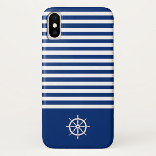 Nautical Stripes+Ships Wheel Blue+White iPhone X Case