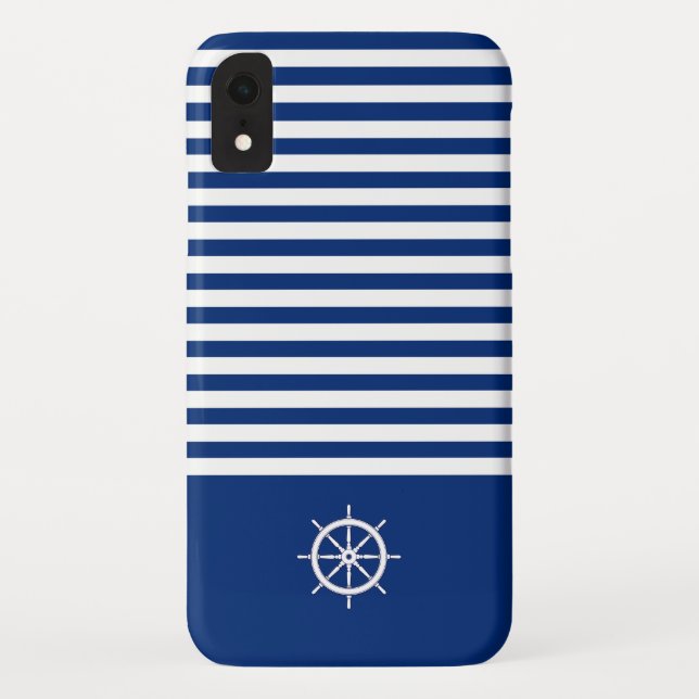 Nautical Stripes+Ships Wheel Blue+White Case-Mate iPhone Case (Back)