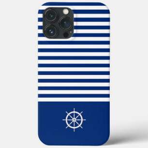 Nautical Stripes+Ships Wheel Blue+White iPhone 13 Pro Max Case