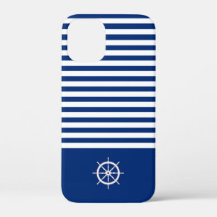 Nautical Stripes+Ships Wheel Blue+White iPhone 12 Mini Case