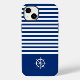 Nautical Stripes+Ships Wheel Blue+White Case-Mate iPhone 14 Plus Case