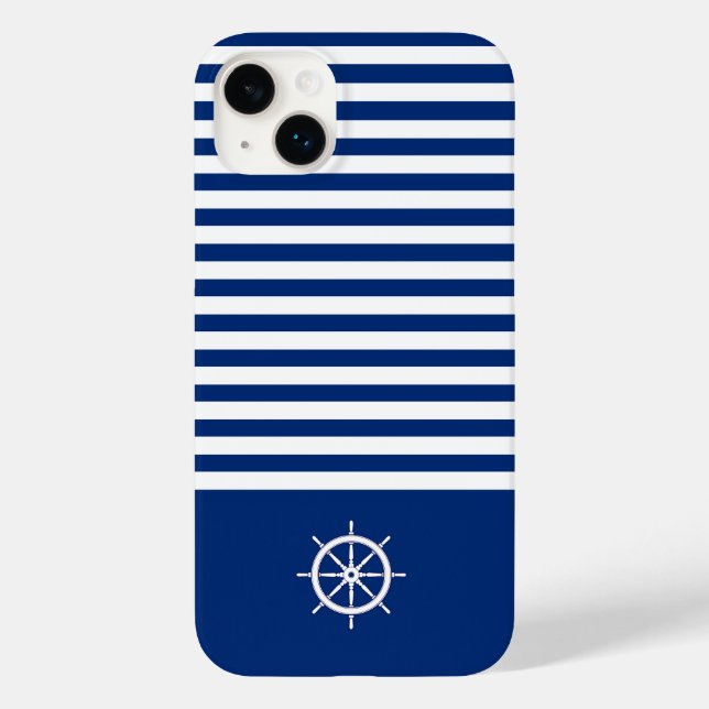 Nautical Stripes+Ships Wheel Blue+White Case-Mate iPhone Case (Back)