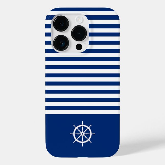 Nautical Stripes+Ships Wheel Blue+White Case-Mate iPhone Case (Back)