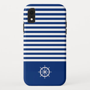 Nautical Stripes+Ships Wheel Blue+White iPhone XR Case