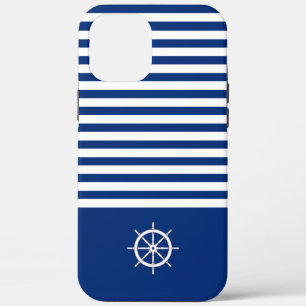 Nautical Stripes+Ships Wheel Blue+White iPhone 12 Pro Max Case