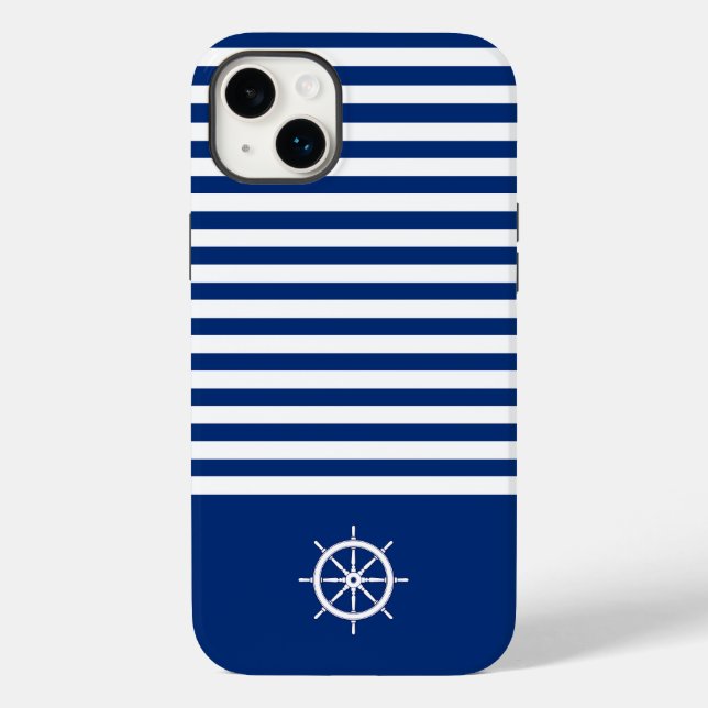 Nautical Stripes+Ships Wheel Blue+White Case-Mate iPhone Case (Back)