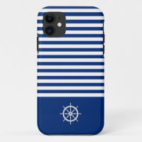 Nautical Stripes+Ships Wheel Blue+White