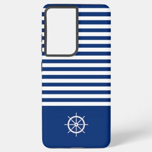 Nautical Stripes+Ships Wheel Blue+White Samsung Galaxy Case