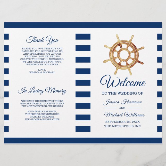 Nautical Stripes Steering Wheel Wedding Program (Front)