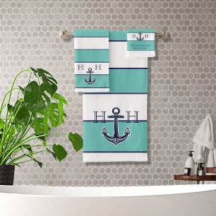 Nautical Stripes Teal Anchor Coastal Monogrammed Bath Towel Set