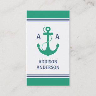 Nautical Stripes with Green Anchor Monogram Business Card