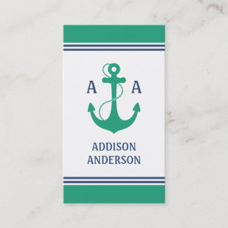 Nautical Stripes with Green Anchor Monogram Business Card