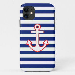 Nautical Style Anchor Icon on Stripes iPhone 11 Case