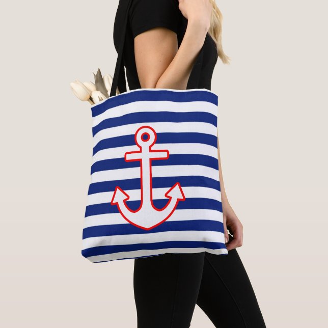 Nautical Style Anchor Icon on Stripes Tote Bag (Close Up)