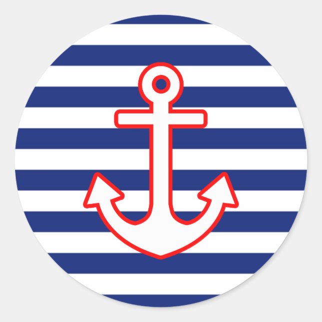 Nautical Style Anchor on Stripes Classic Round Sticker (Front)