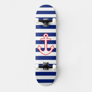 Nautical Style Anchor on Stripes Skateboard