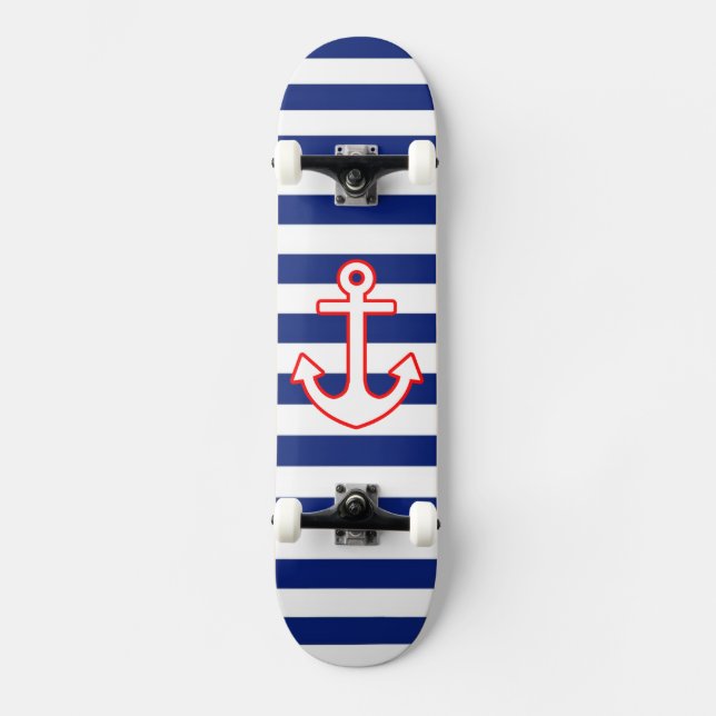 Nautical Style Anchor on Stripes Skateboard (Front)