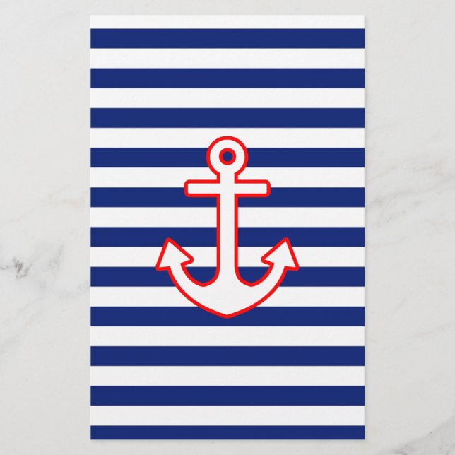 Nautical Style Anchor on Stripes Stationery (Front)