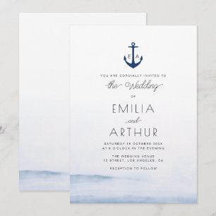 nautical style watercolor blue wedding invitation
