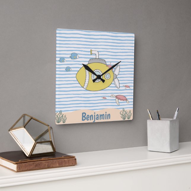 Nautical Submarine Blue Baby Boy Nursery Square Wall Clock (Office)