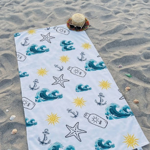 Nautical Sun & Wave Seamless Summer Pattern Beach Towel