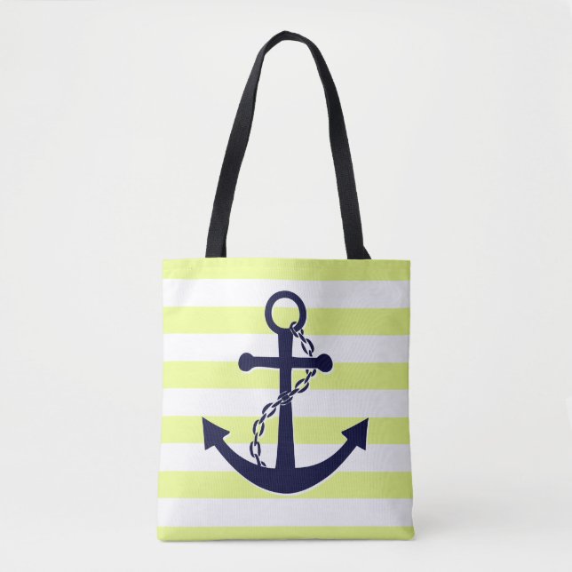 Nautical Sun Yellow Striped Navy Blue Anchor Beach Tote Bag (Front)