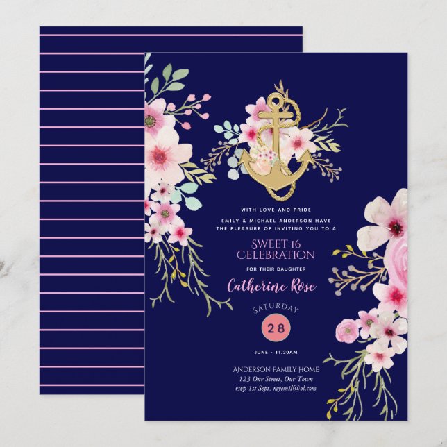 Nautical Sweet 16 Invites Navy Blue Pink Flower (Front/Back)