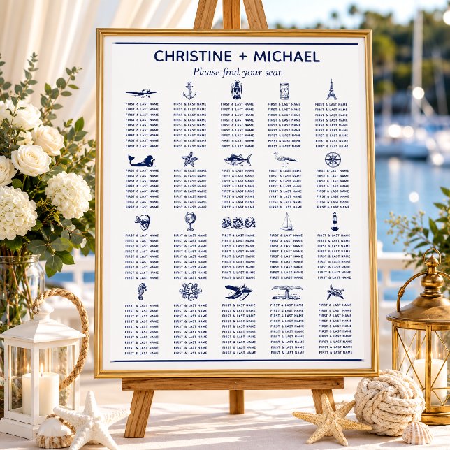 Nautical Table Symbols Wedding Seating Chart (This seating chart in a nautical theme has symbols that represent the guest tables.
)