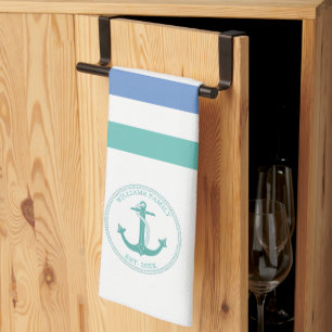 Nautical Teal Anchor Blue White Stripe Family Name Tea Towel