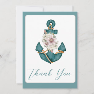 Nautical Teal Aqua Turquoise Blue Floral Anchor Thank You Card