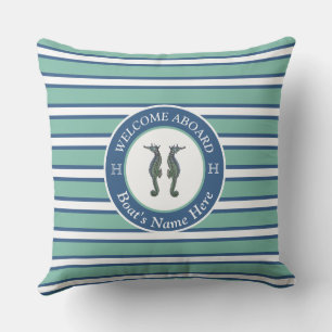Nautical Teal Blue and White Striped Seahorse Cushion