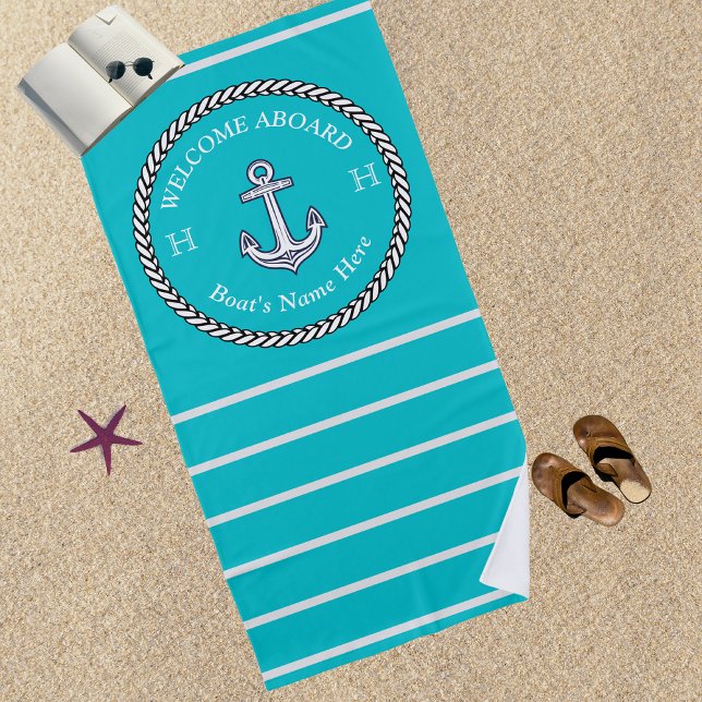 Nautical Teal Blue Boat Name Anchor Rope Striped  Beach Towel (Creator Uploaded)