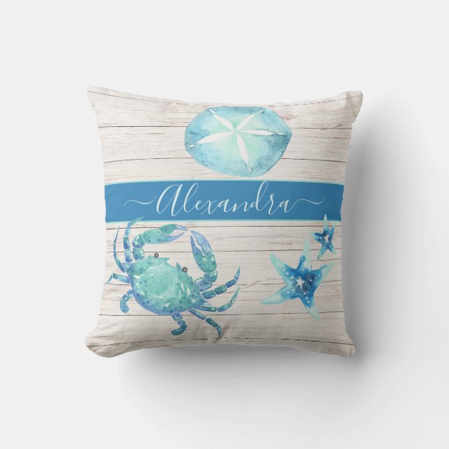 Nautical Teal Blue Crab Sand Dollar Outdoor Pillow (Front)