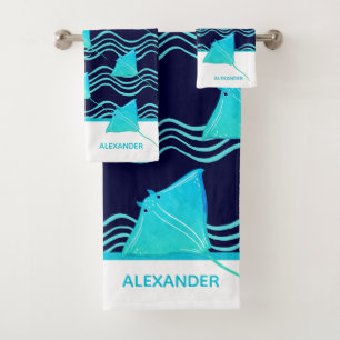 Nautical Teal Blue Navy Manta Ray Wave  Bath Towel Set