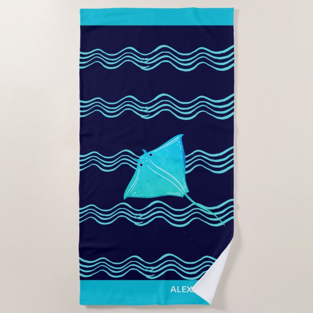 Nautical Teal Blue Navy Manta Ray Wave Beach Towel (Front)