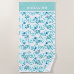 Nautical Teal Blue Sea Life Crab Starfish Beach Towel