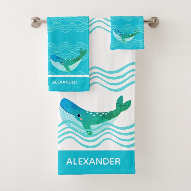Nautical Teal Blue  Whale Waves  Bath Towel Set (Insitu)