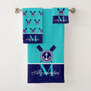 Nautical Teal Navy Blue Anchor and Paddles Bath T Towel Set