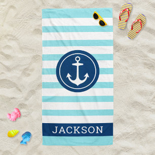 Nautical Teal Stripe Anchor Monogram Name Beach Towel