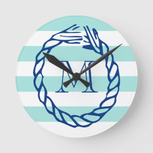 Nautical teal stripe navy blue rope monogram round clock