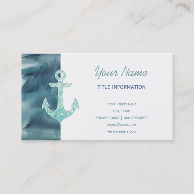 Nautical Teal Watercolor Glitter Anchor Business Card (Front)
