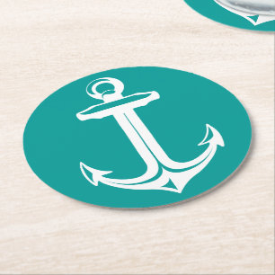 Nautical Teal & White Ship Anchor Beach Party Round Paper Coaster