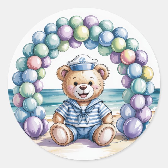 Nautical Teddy Bear Beach Boy Baby Shower Classic Round Sticker (Front)