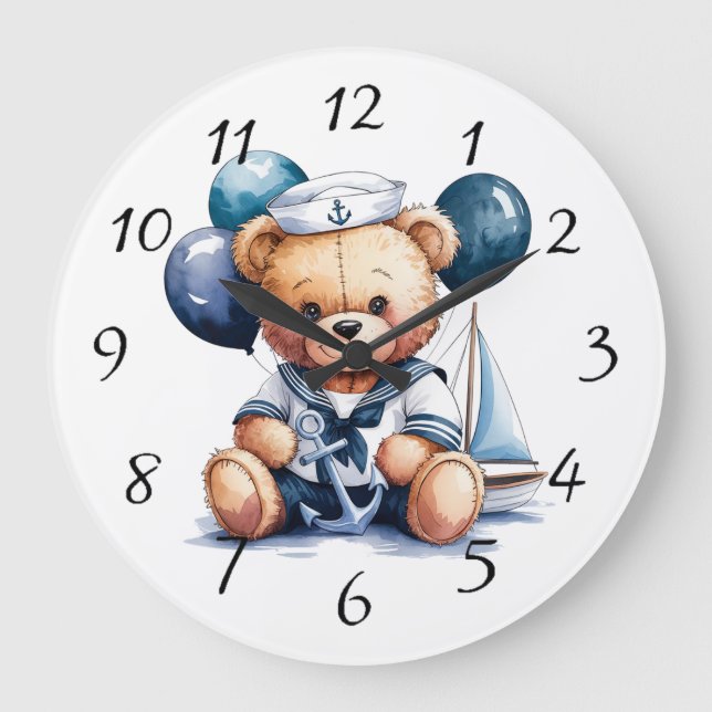 Nautical Teddy Bear Delight Boy Baby Shower Gift Large Clock (Front)